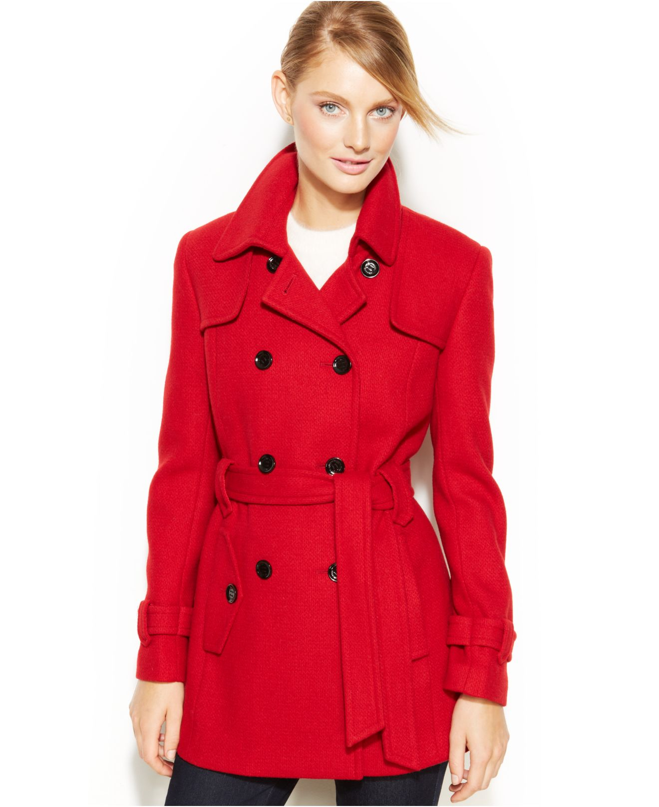Calvin klein Double-Breasted Belted Pea Coat in Red | Lyst