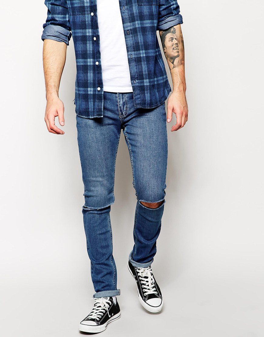 blue ripped skinny jeans mens