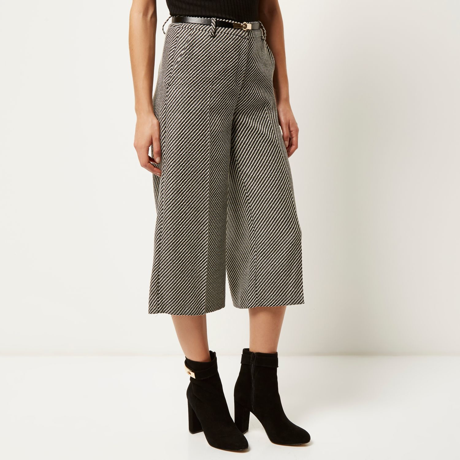 River island Grey Tweed Belted Culottes in Gray | Lyst