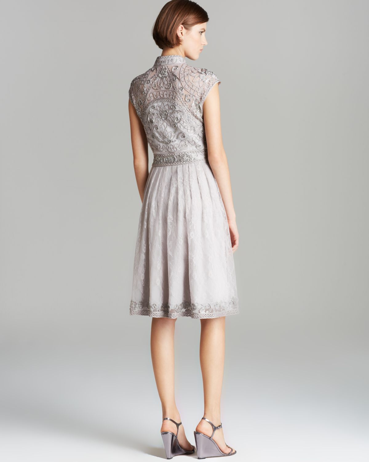 Lyst - Sue wong Dress High Neck Mandarin Collar Lace Fit and Flare in Gray