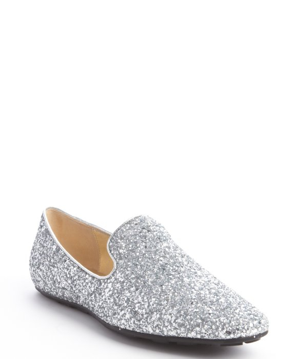 Jimmy Choo Silver Glitter Covered Leather Loafers in Silver | Lyst
