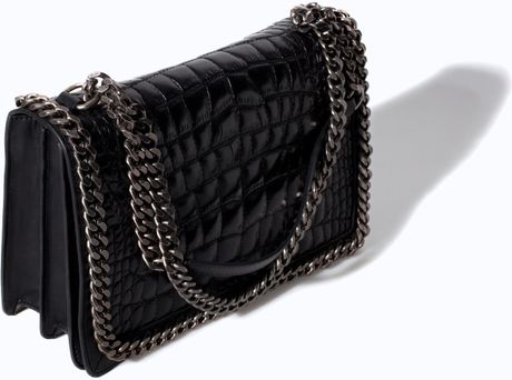 Zara Crocodile Pattern Leather City Bag with Chain in Black | Lyst