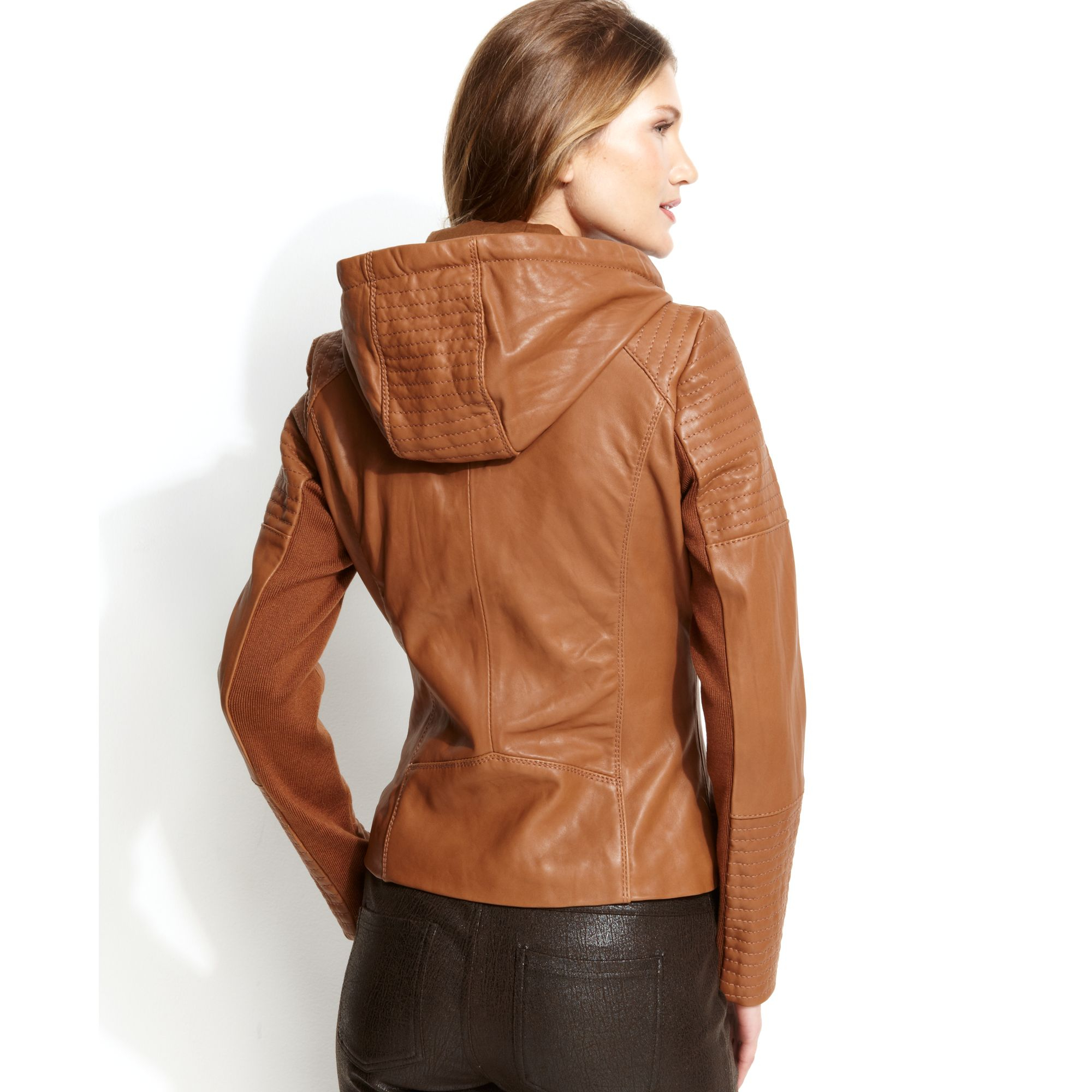 Michael kors Leather Hooded Quilted Jacket in Brown Lyst