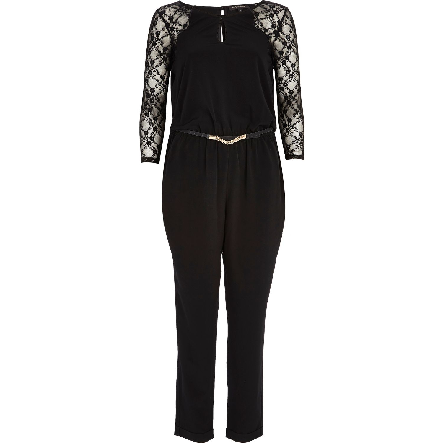 River Island Lace Sleeve Jumpsuit in Black | Lyst