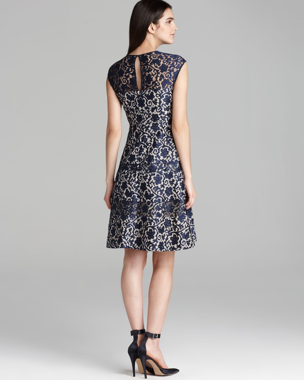 Lyst - Kay Unger Fit and Flare Bonded Lace Dress Cap Sleeve in Blue