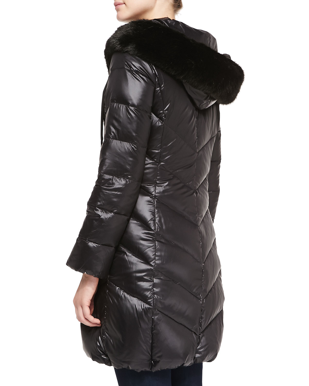 tahari faux fur trim hood long puffer jacket