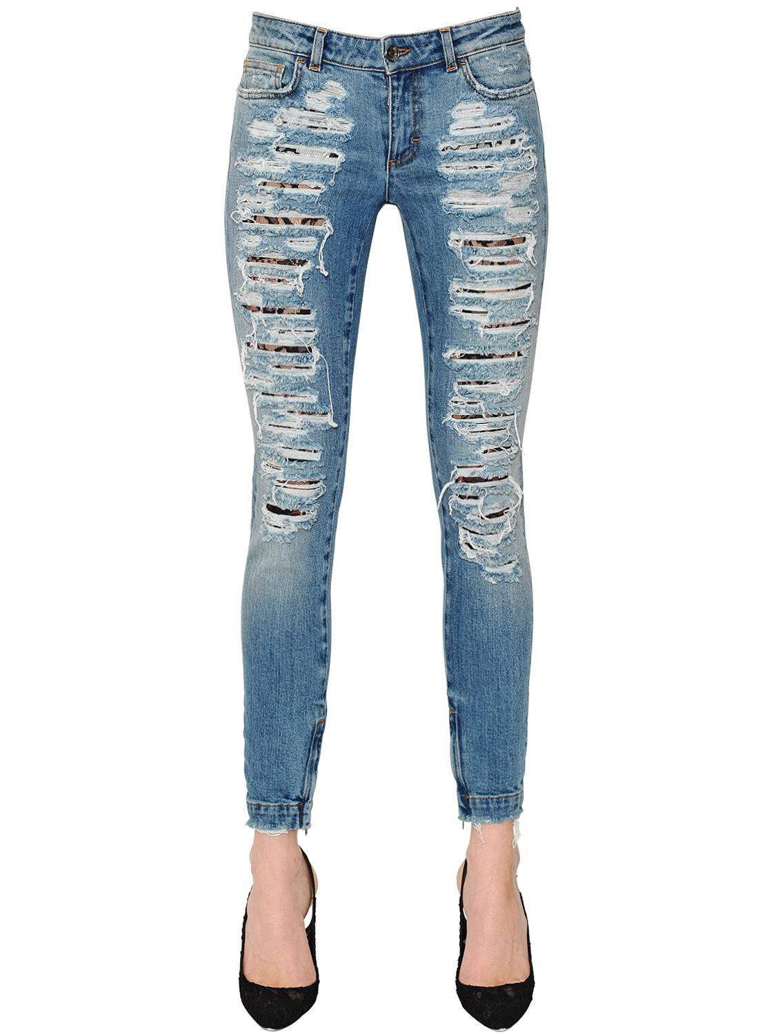 Lyst - Dolce & Gabbana Destroyed Denim Jeans With Lace Inserts in Blue