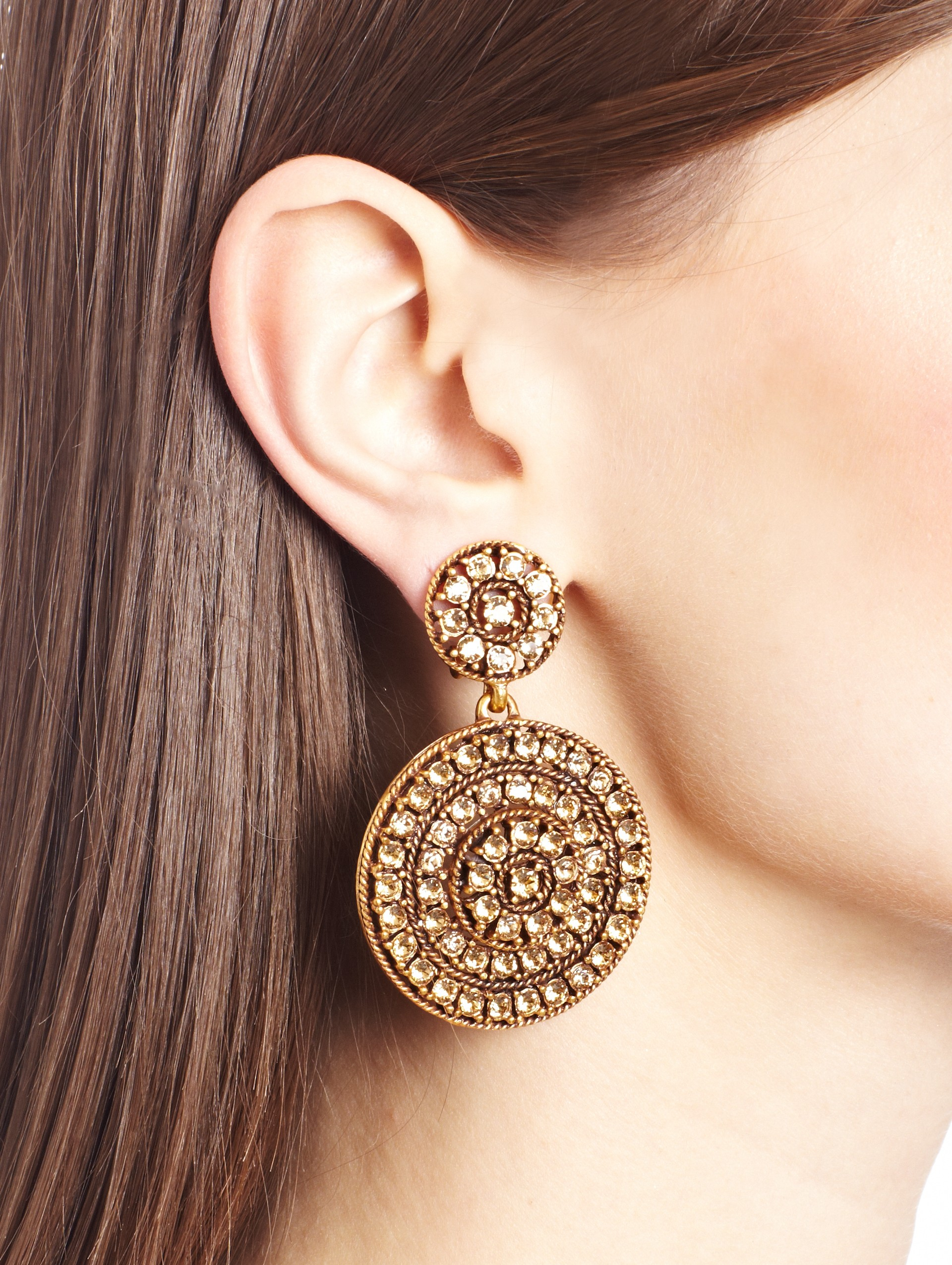 Lyst Oscar De La A Golden Swarovski Crystal Pavé Disk Earrings Gallery