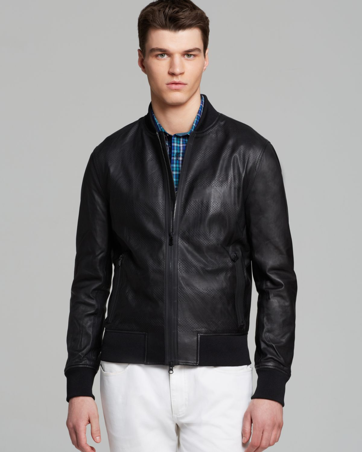 Lyst - Michael kors Perforated Stripe Leather Jacket in Black for Men