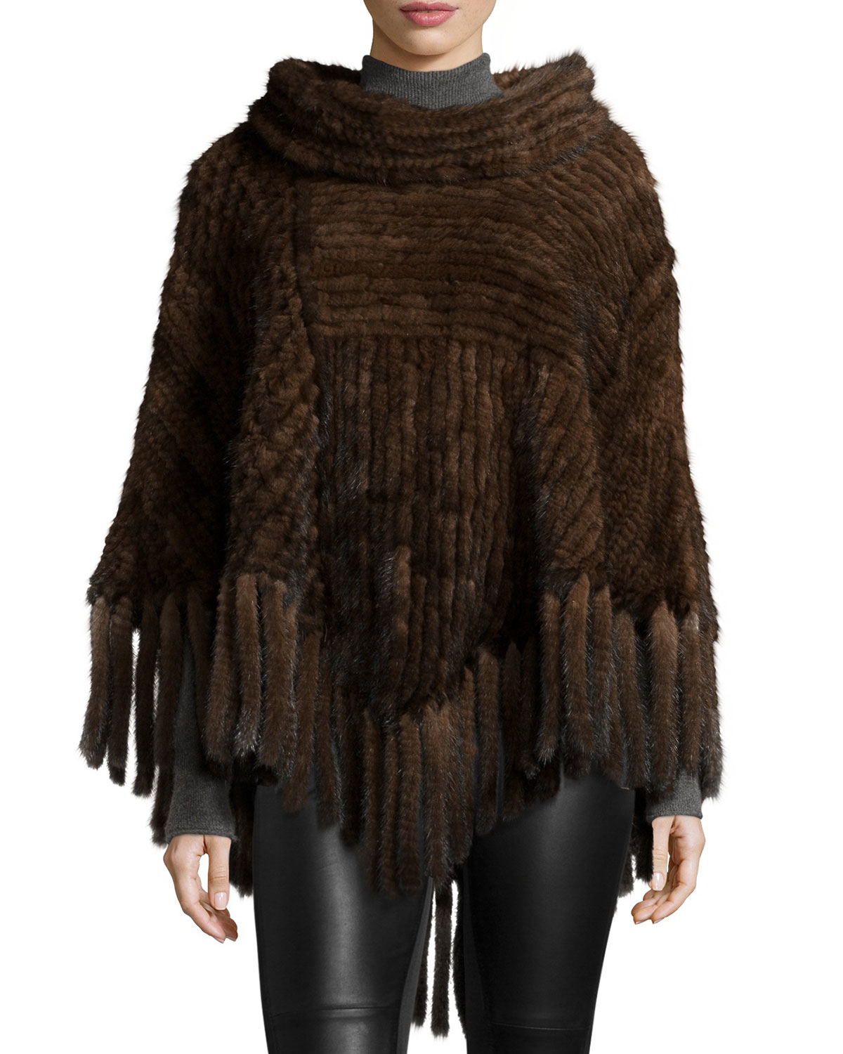 Belle fare Knitted Mink Fur Fringe Poncho in Brown | Lyst