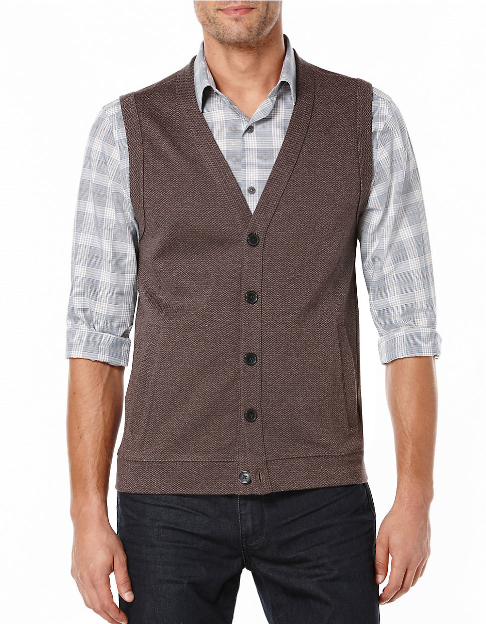 Lyst - Perry Ellis Big And Tall Herringbone Sweater Vest in Brown for Men