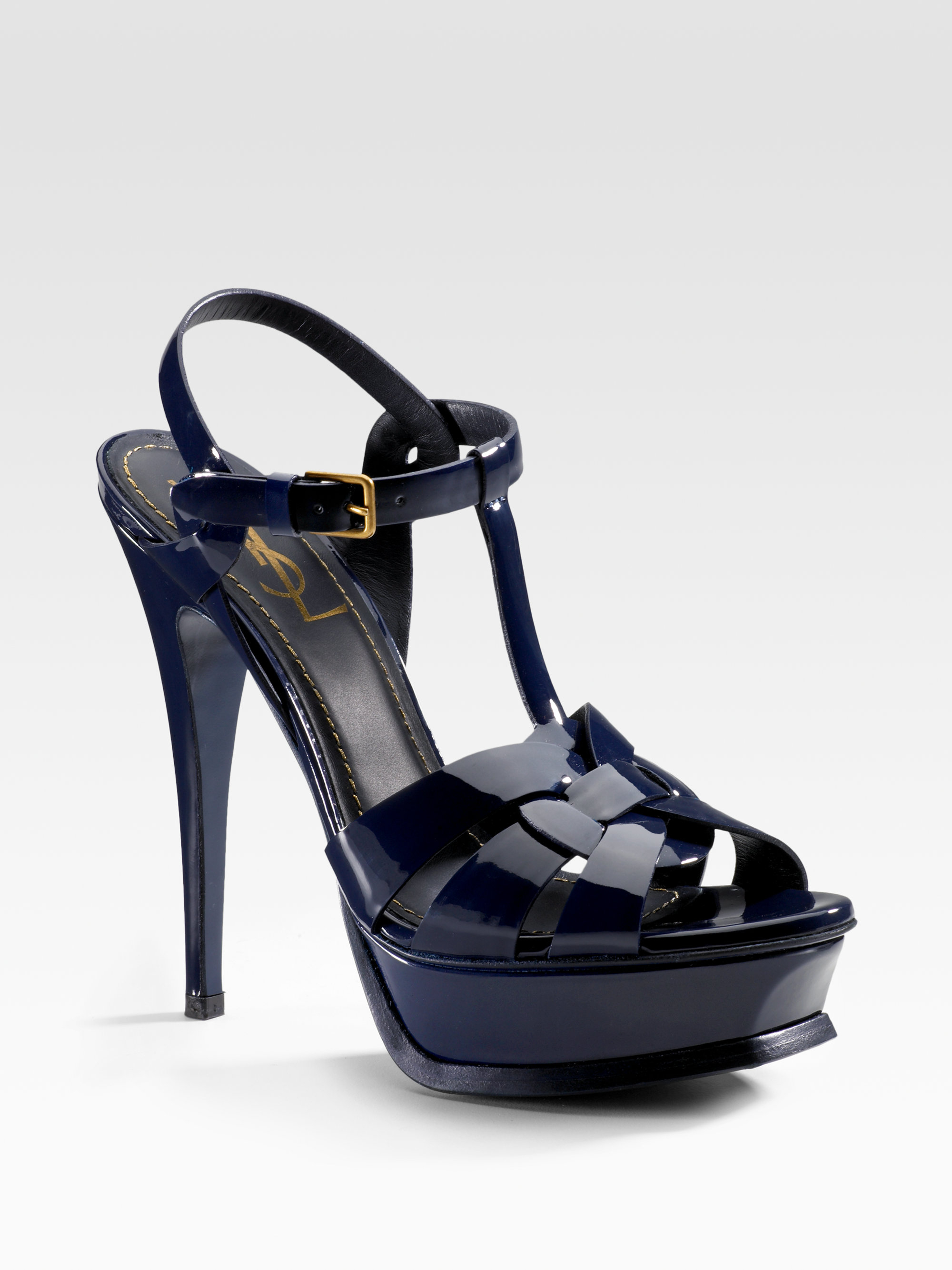 Saint Laurent Tribute Patent Leather Platform Sandals in Blue (navy) | Lyst