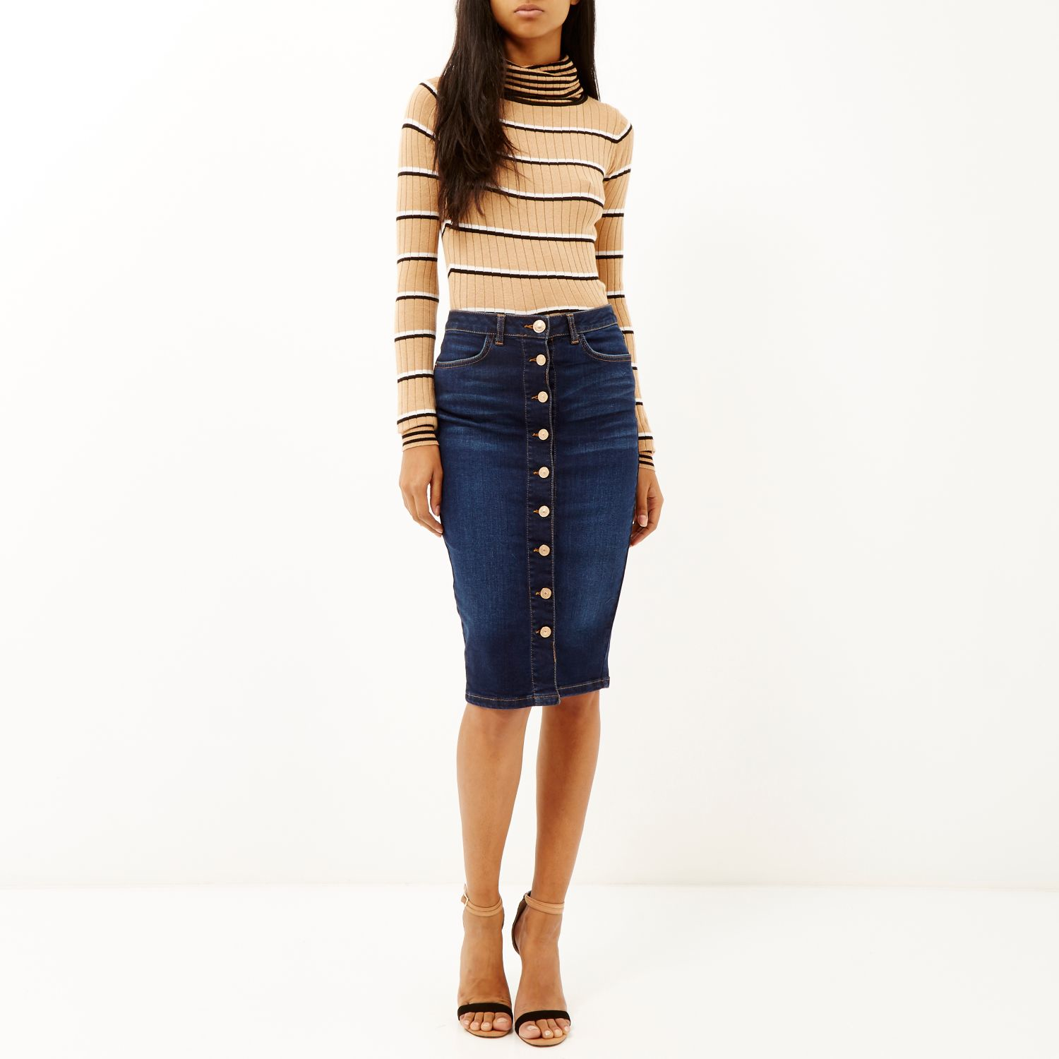 Lyst River Island Dark Denim Button Up Midi Pencil Skirt In Blue 1012