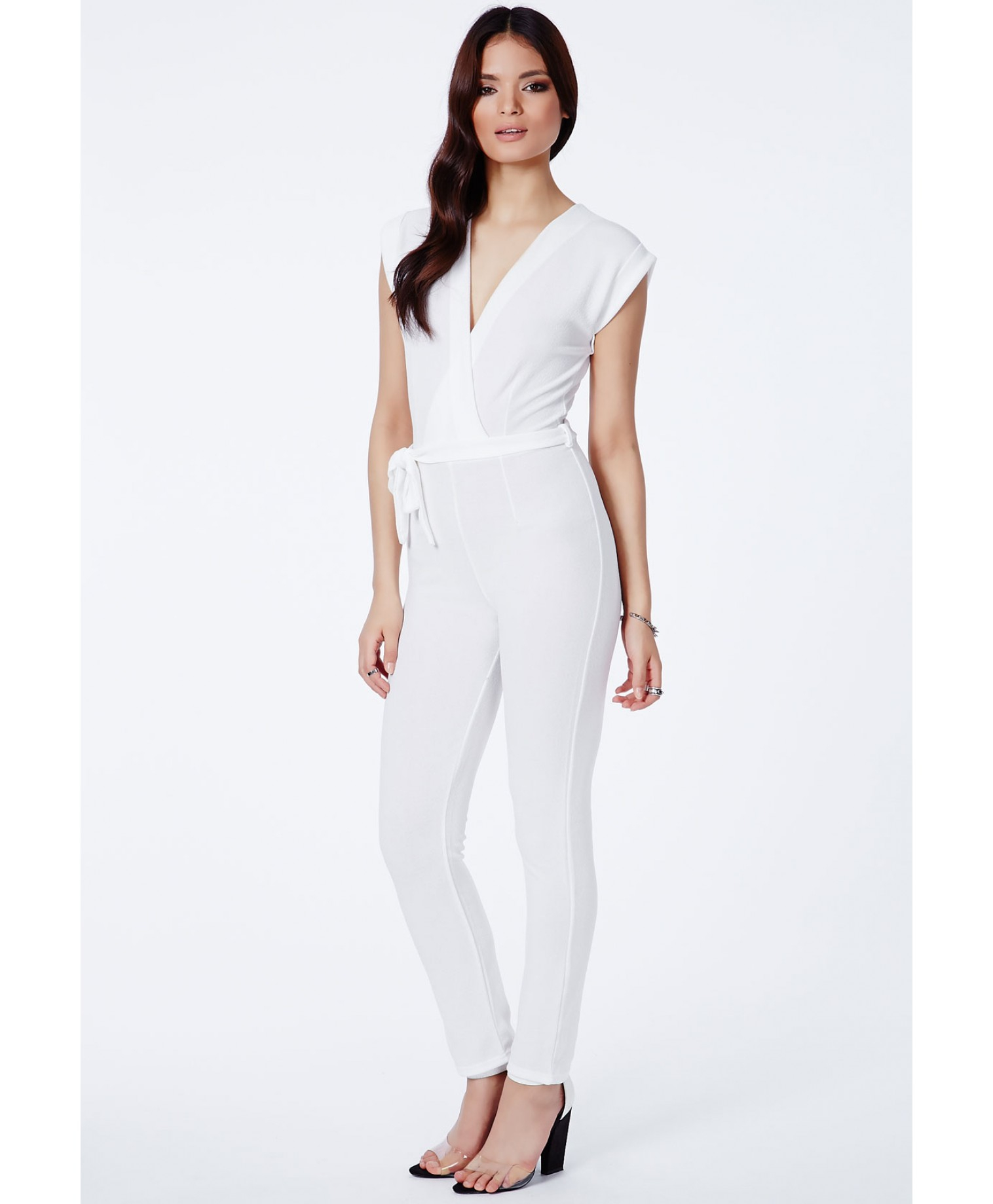 Lyst - Missguided Makaila Tie Waist Wrapover Jumpsuit In White in White