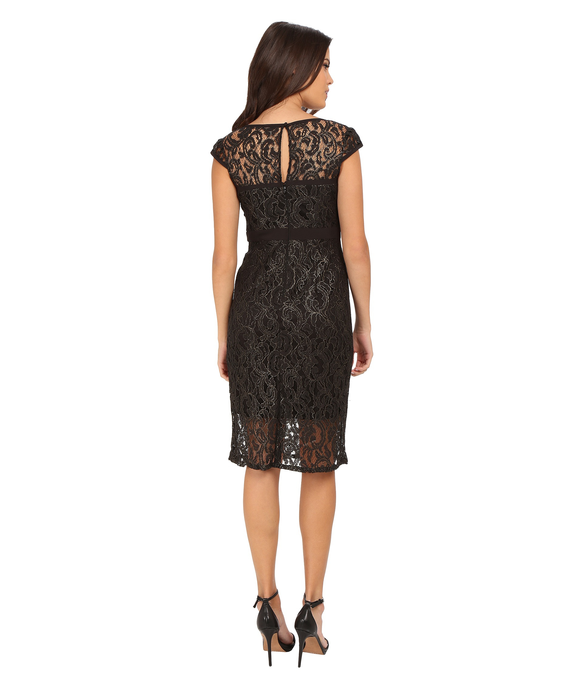 Adrianna papell Metallic Lace Sheath Dress With Cap Sleeve in Black | Lyst
