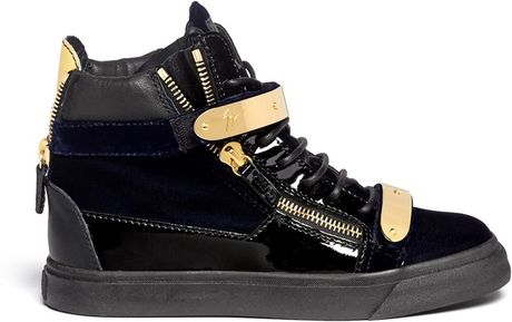 Giuseppe Zanotti London Hightop Velvet Sneakers in Gold (Black,Blue and ...