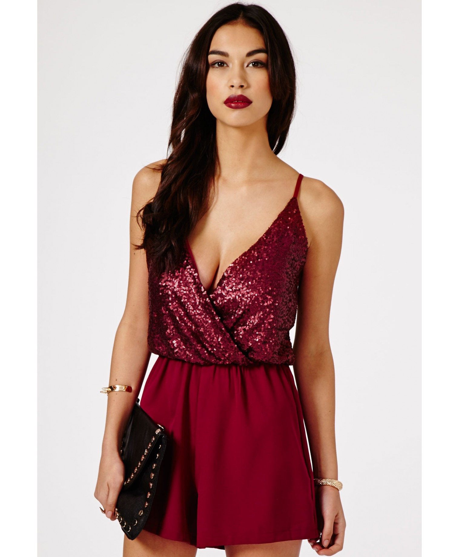 Lyst - Missguided Alix Sequin Top Strappy Playsuit in Burgundy in Red