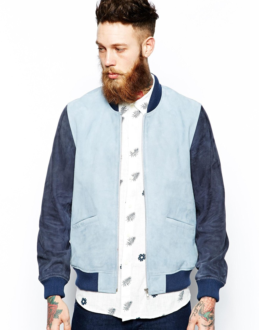 Asos Suede Bomber Jacket with Contrast Sleeves in Blue for Men | Lyst