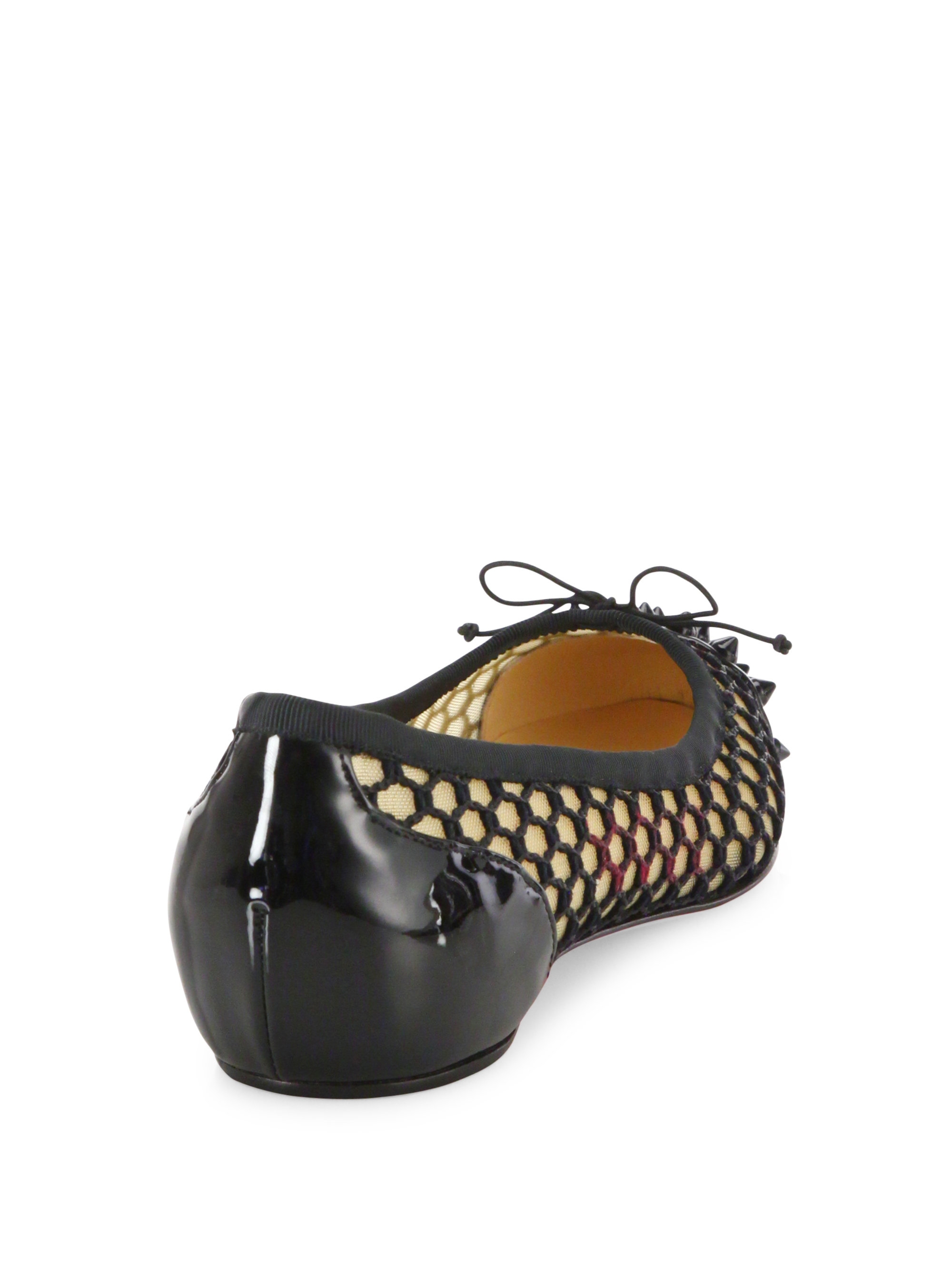 Christian louboutin Mix Patent Spiked Knotted Mesh Flats in Black ...