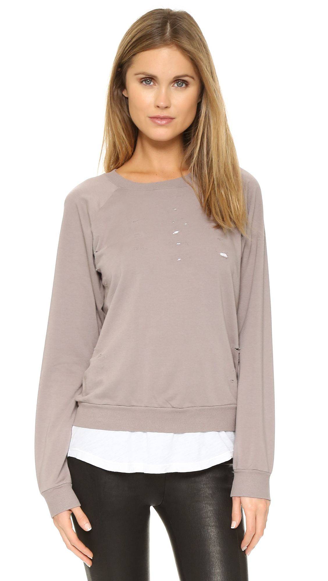 Lyst - Monrow Distressed Double Layer Sweatshirt - Fawn in Pink