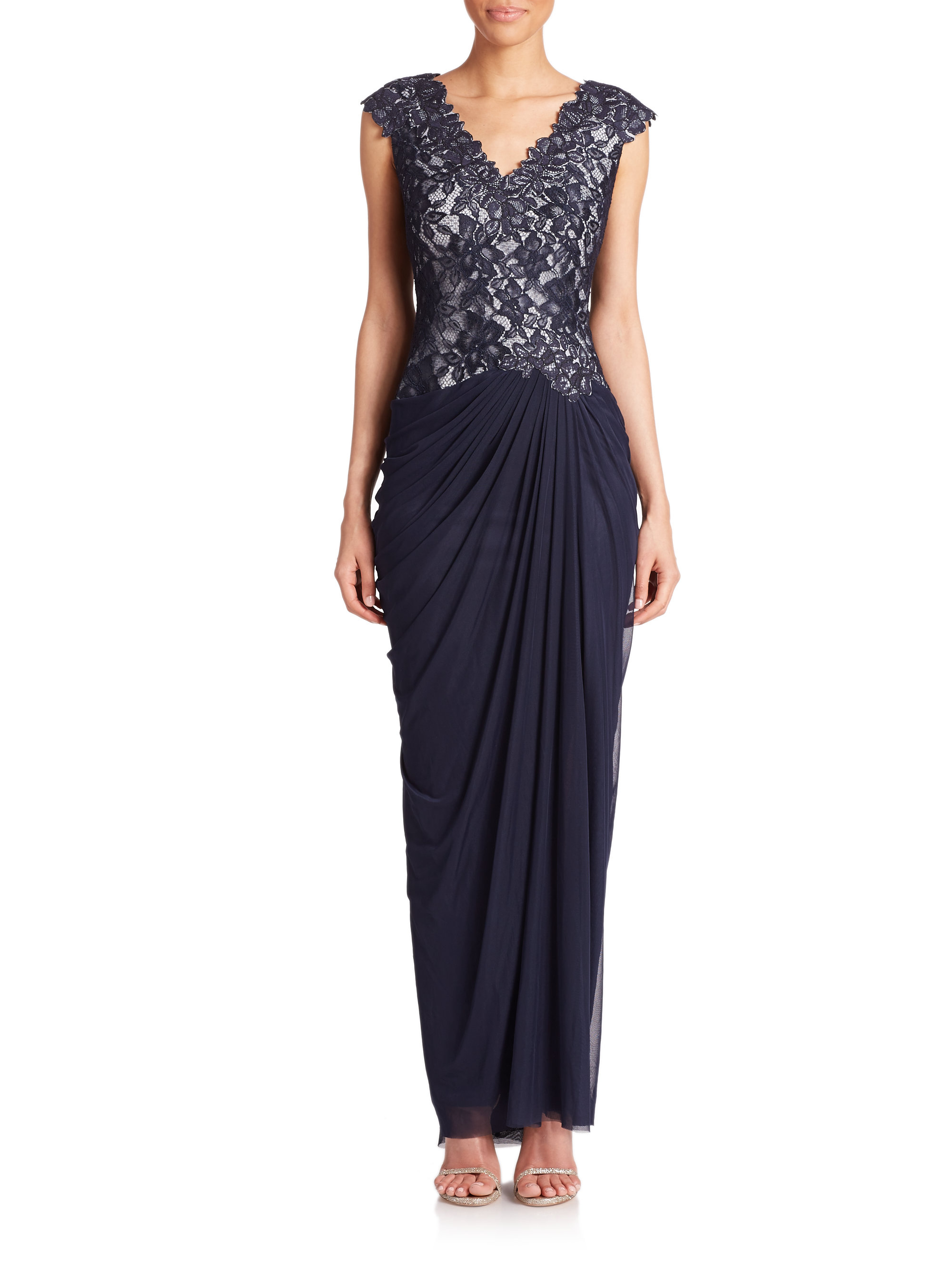 Lyst - Tadashi Shoji Lace & Tulle Draped Combo Gown in Blue