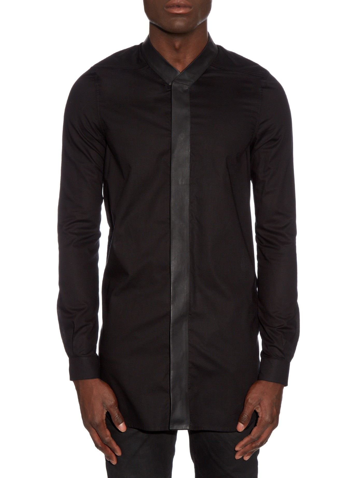 Lyst - Rick Owens Collarless Leather-trim Cotton Shirt in Black for Men