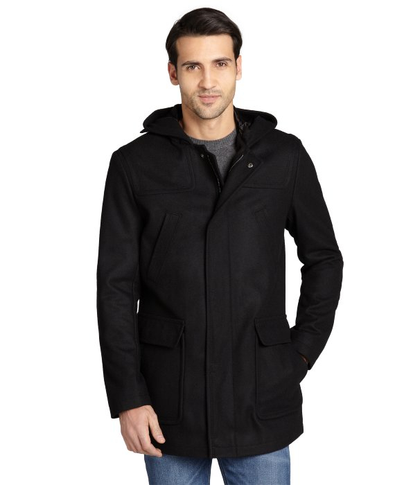 Lyst - Elie Tahari Black Hooded Wool Three Quarter Length Duffle Coat ...