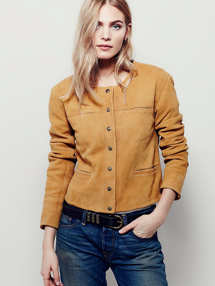 Free People Collarless Saddle Stitch Suede Jacket in Brown - Lyst