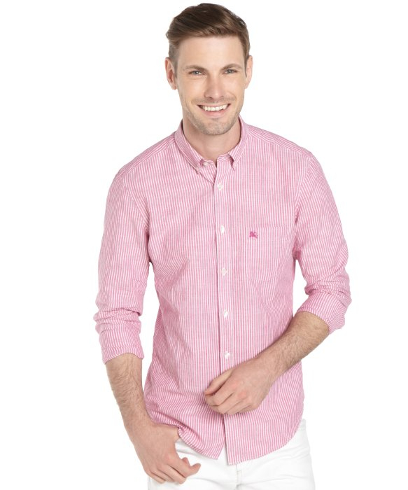 Lyst - Burberry Brit Pink Stripe Cotton-Linen Button Down Long Sleeve ...