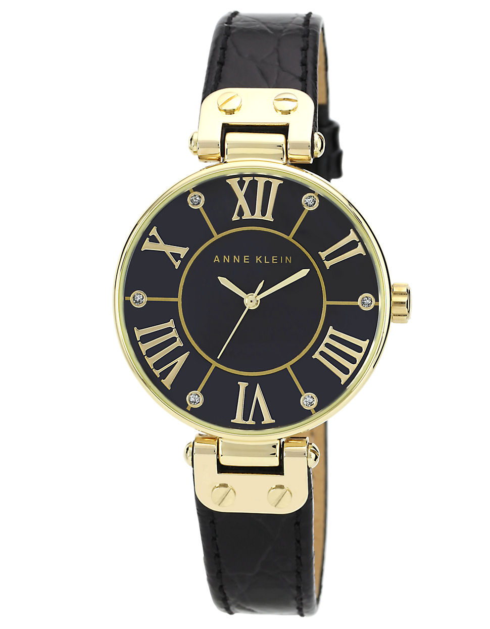 Anne Klein Ladies Black And Gold Tone Watch With Genuine Leather Strap ...