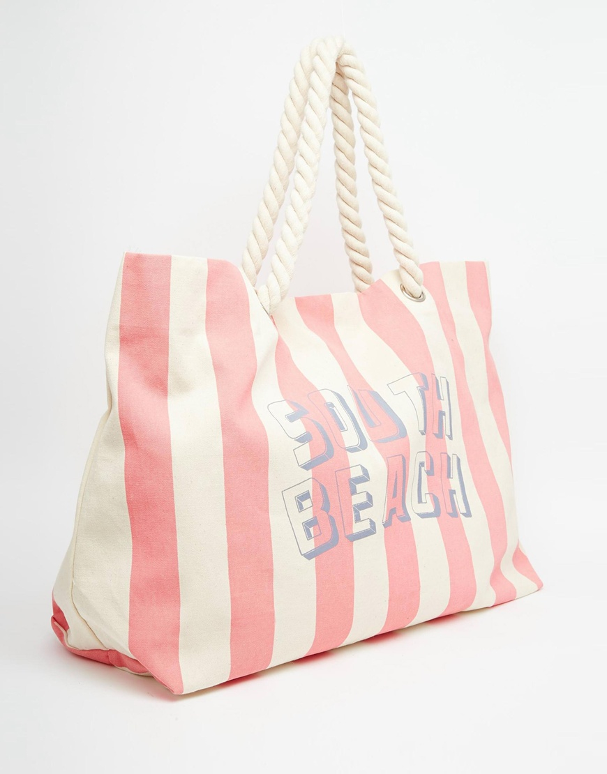 South Beach Pink Striped Beach Bag With Rope Handle in Pink - Lyst