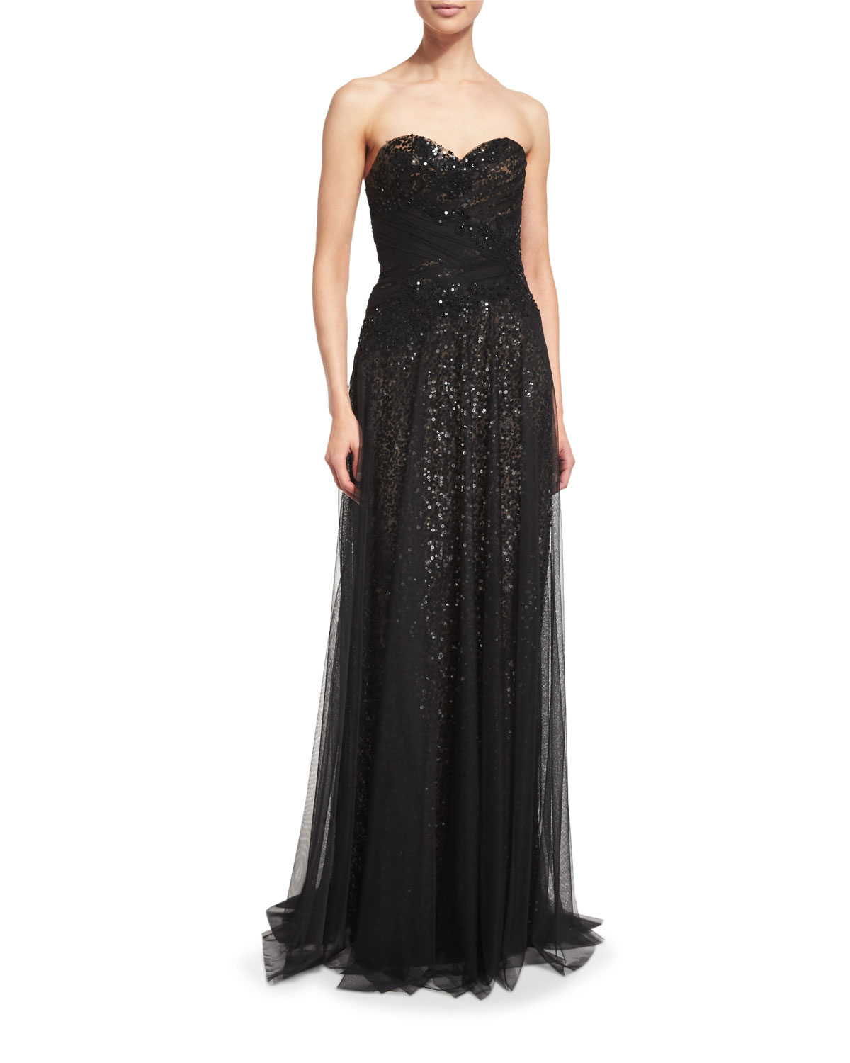 Lyst - Notte By Marchesa Strapless Sequined Tulle Overlay Gown in Black