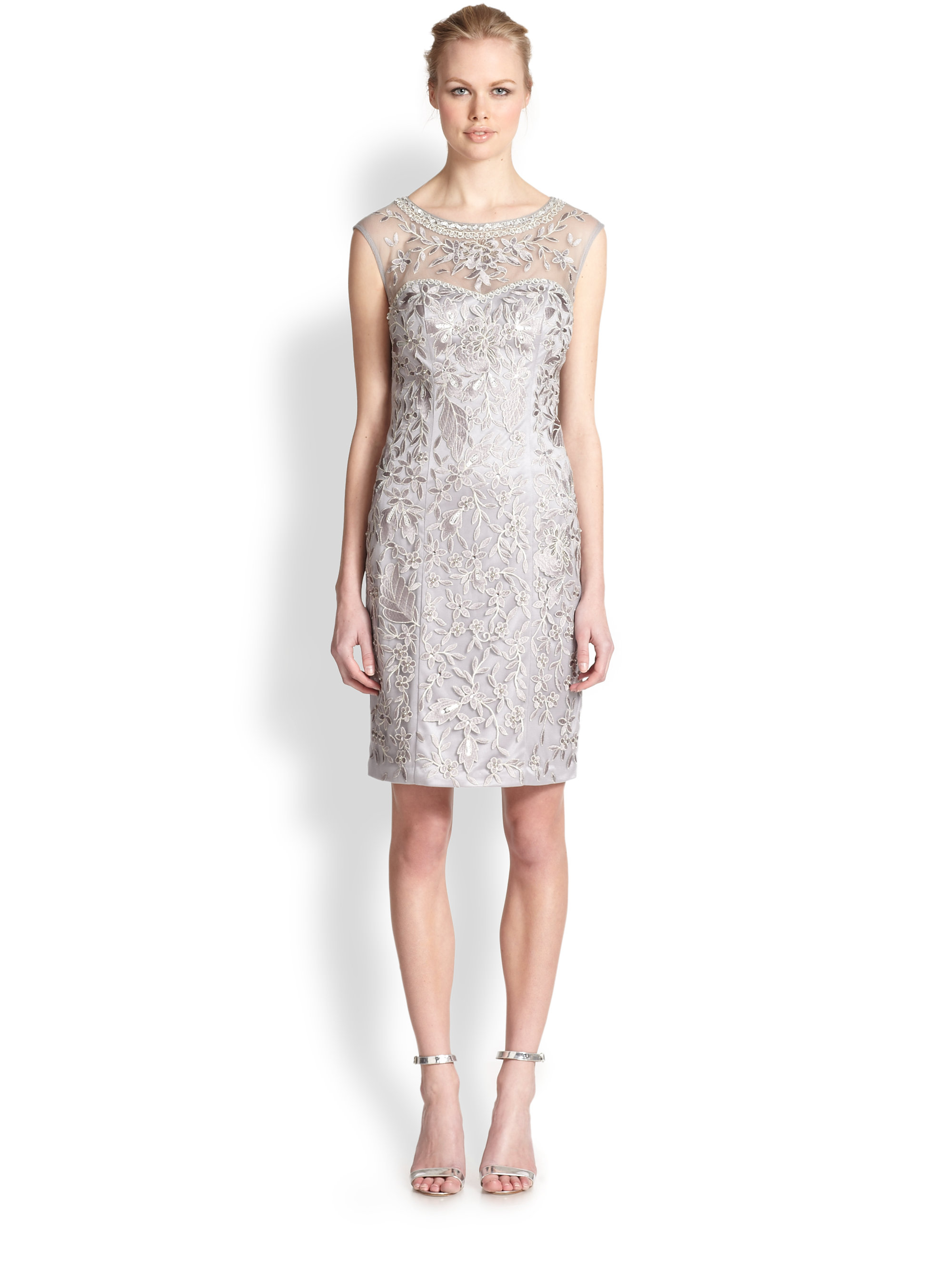 Sue Wong Embellished Illusion Dress in Silver (PLATINUM) | Lyst