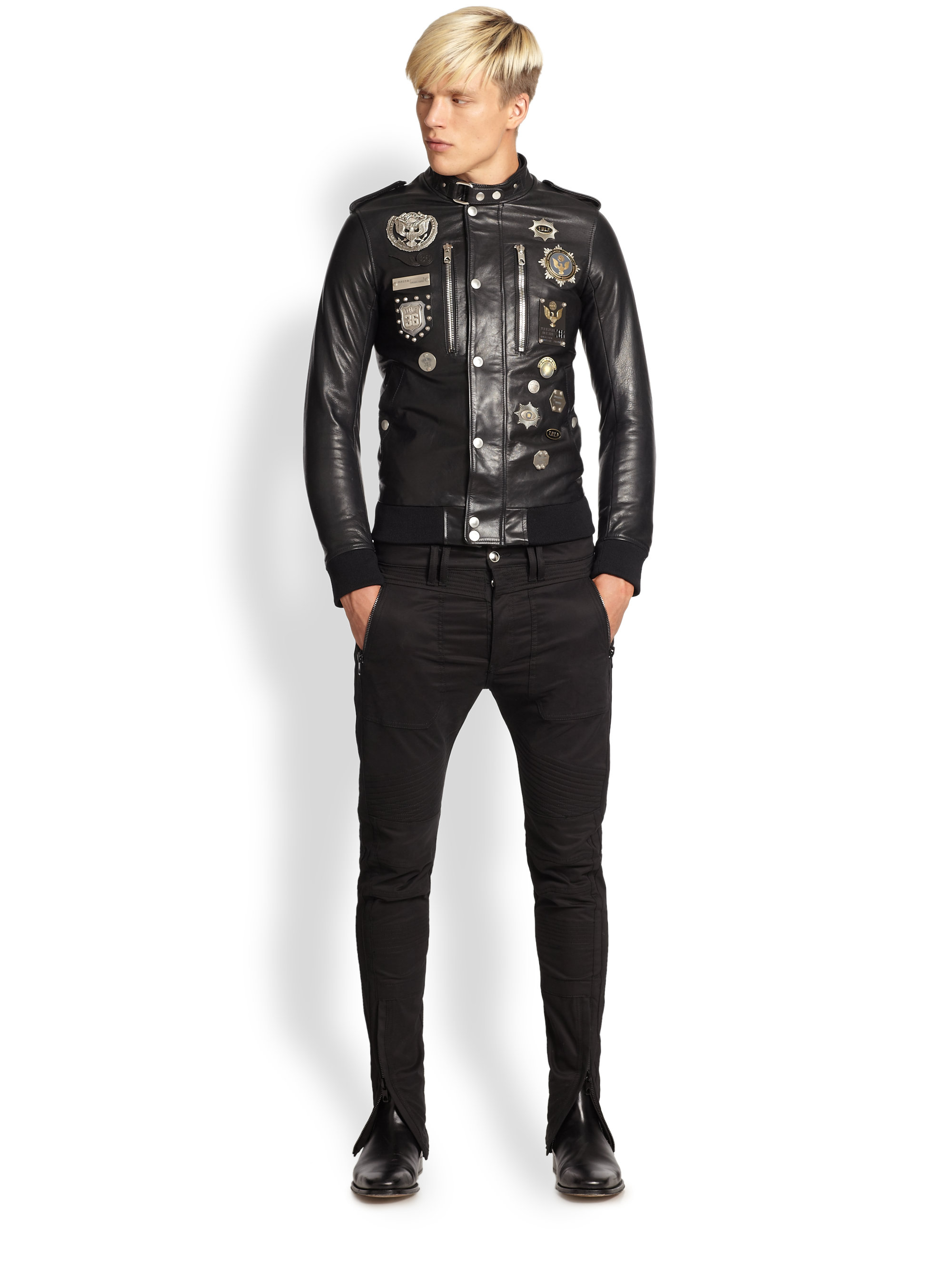 Lyst Diesel Black Gold Embellished Leather Military Jacket In Black