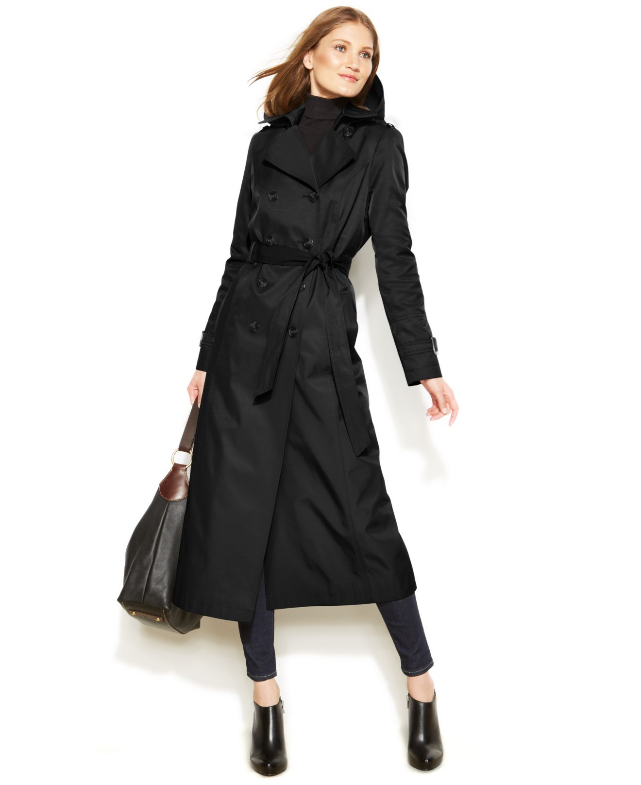 Dkny Hooded Double-breasted Maxi Trench Coat in Black | Lyst