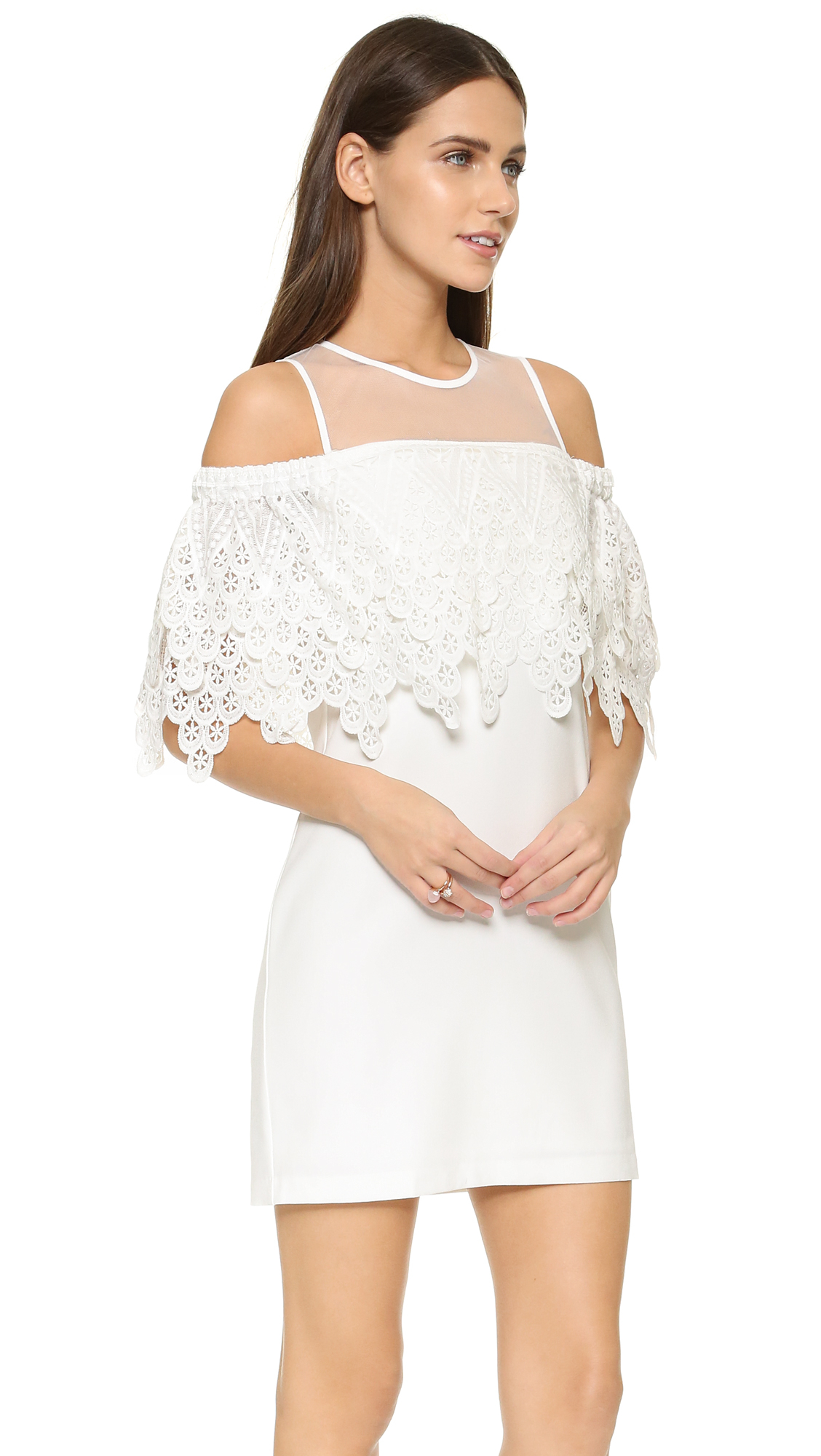 White Lace Insert Cold Shoulder Mini Dress