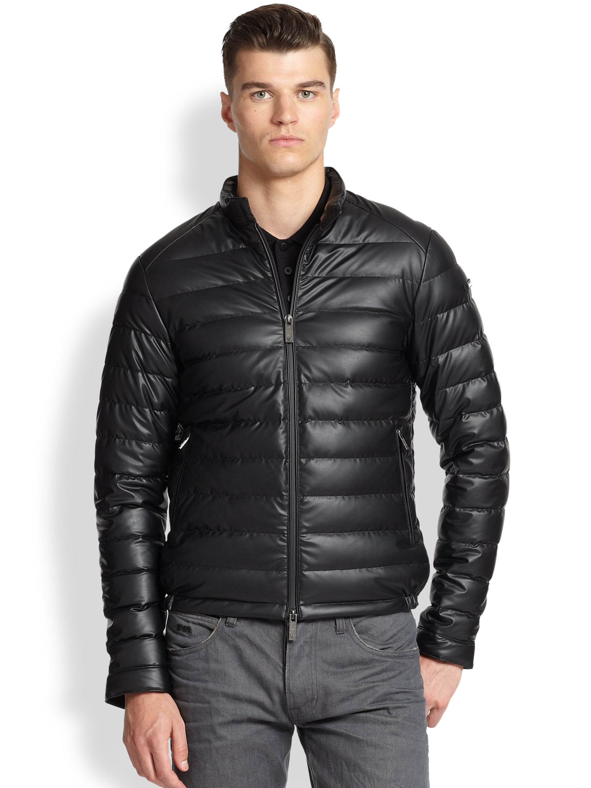 Emporio Armani Faux Leather Puffer Jacket in Black for Men | Lyst