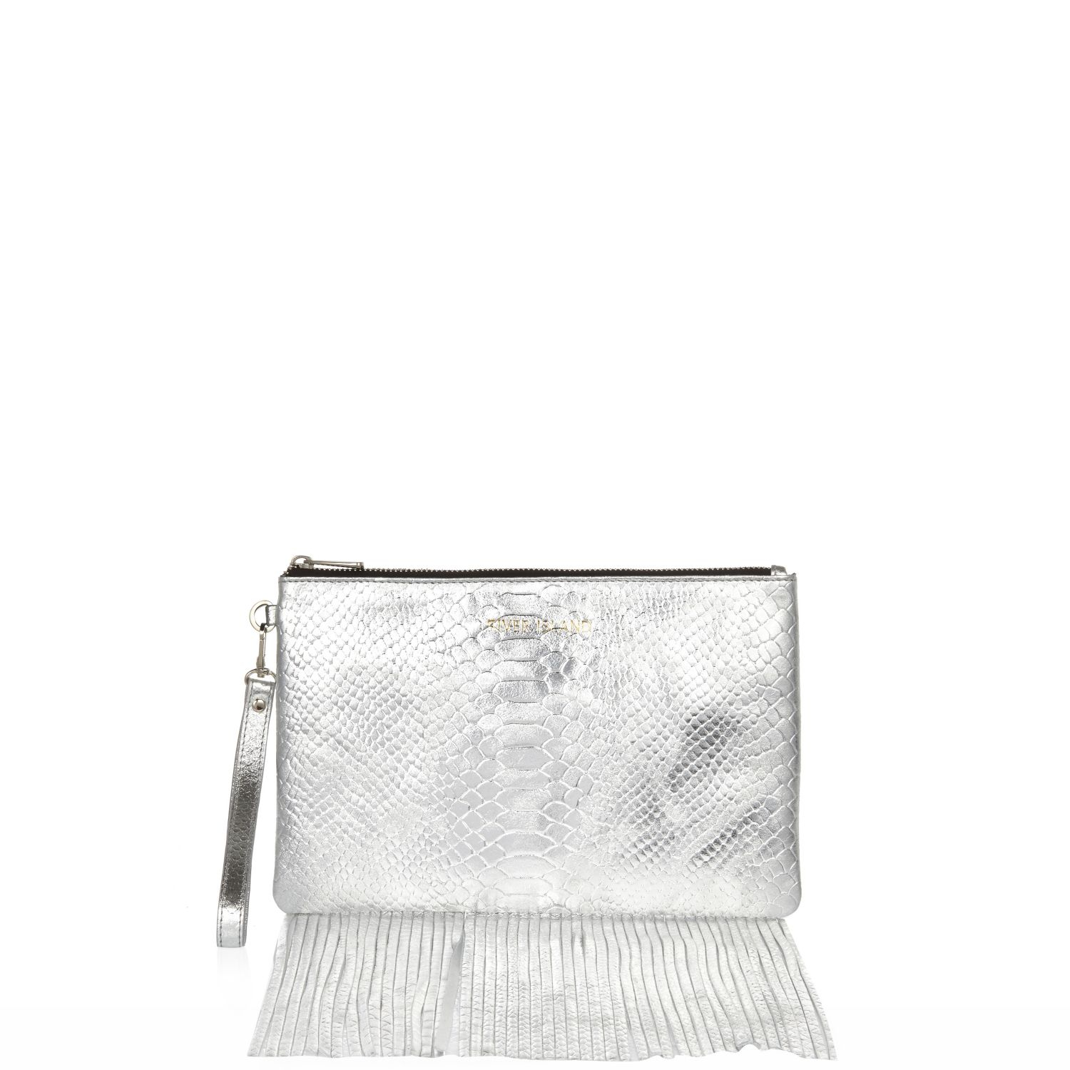 River Island Silver Snake Print Leather Fringed Clutch Bag in Metallic ...