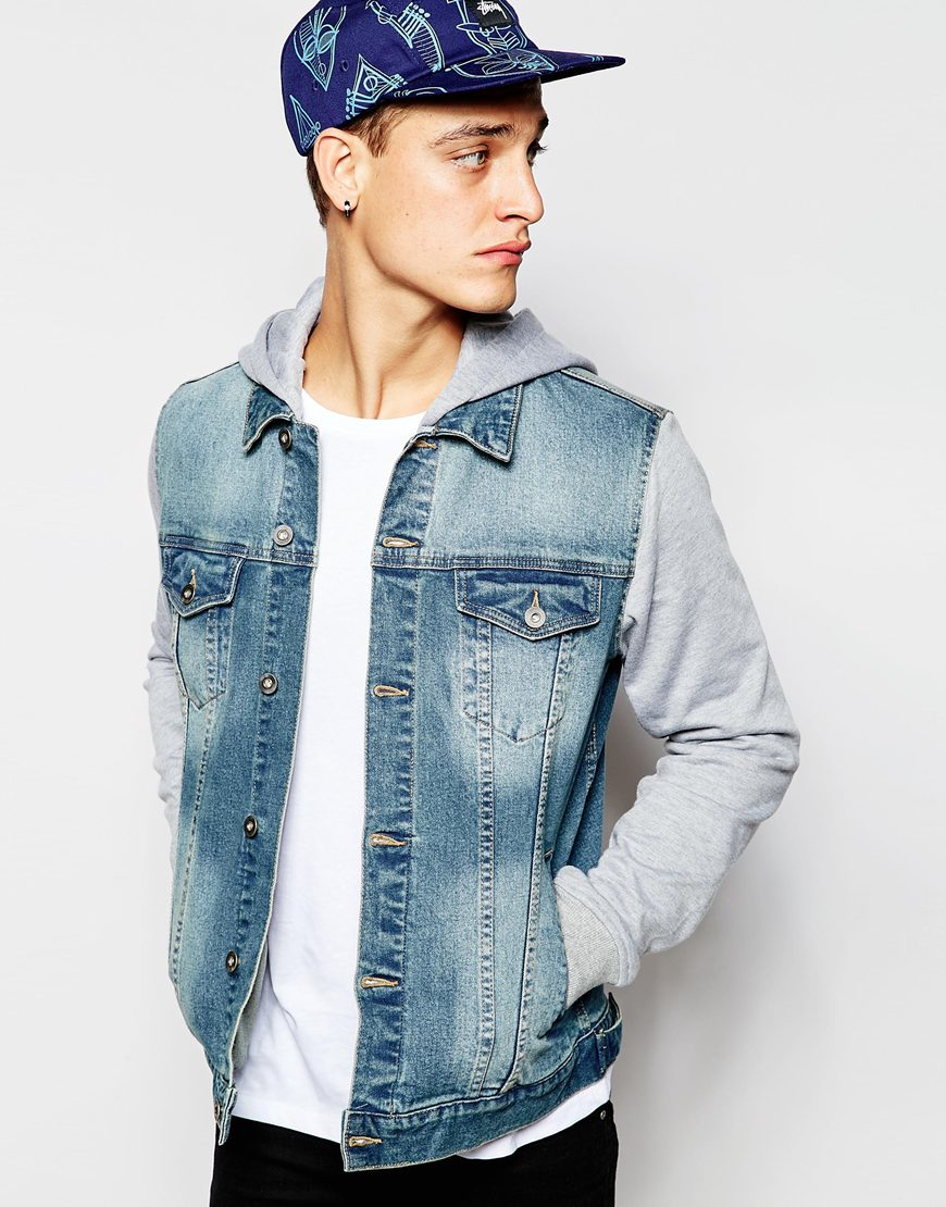 Asos Denim Jacket With Jersey Sleeve And Hood in Blue for Men | Lyst