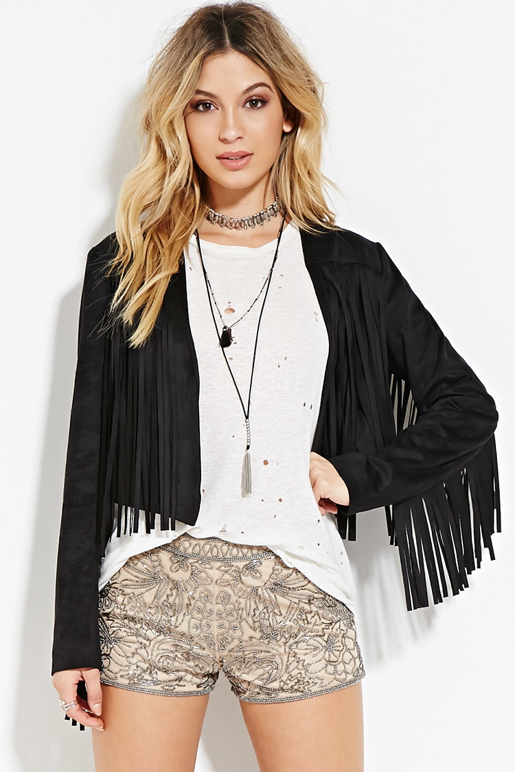 Forever 21 Black Fringe Faux Suede Jacket