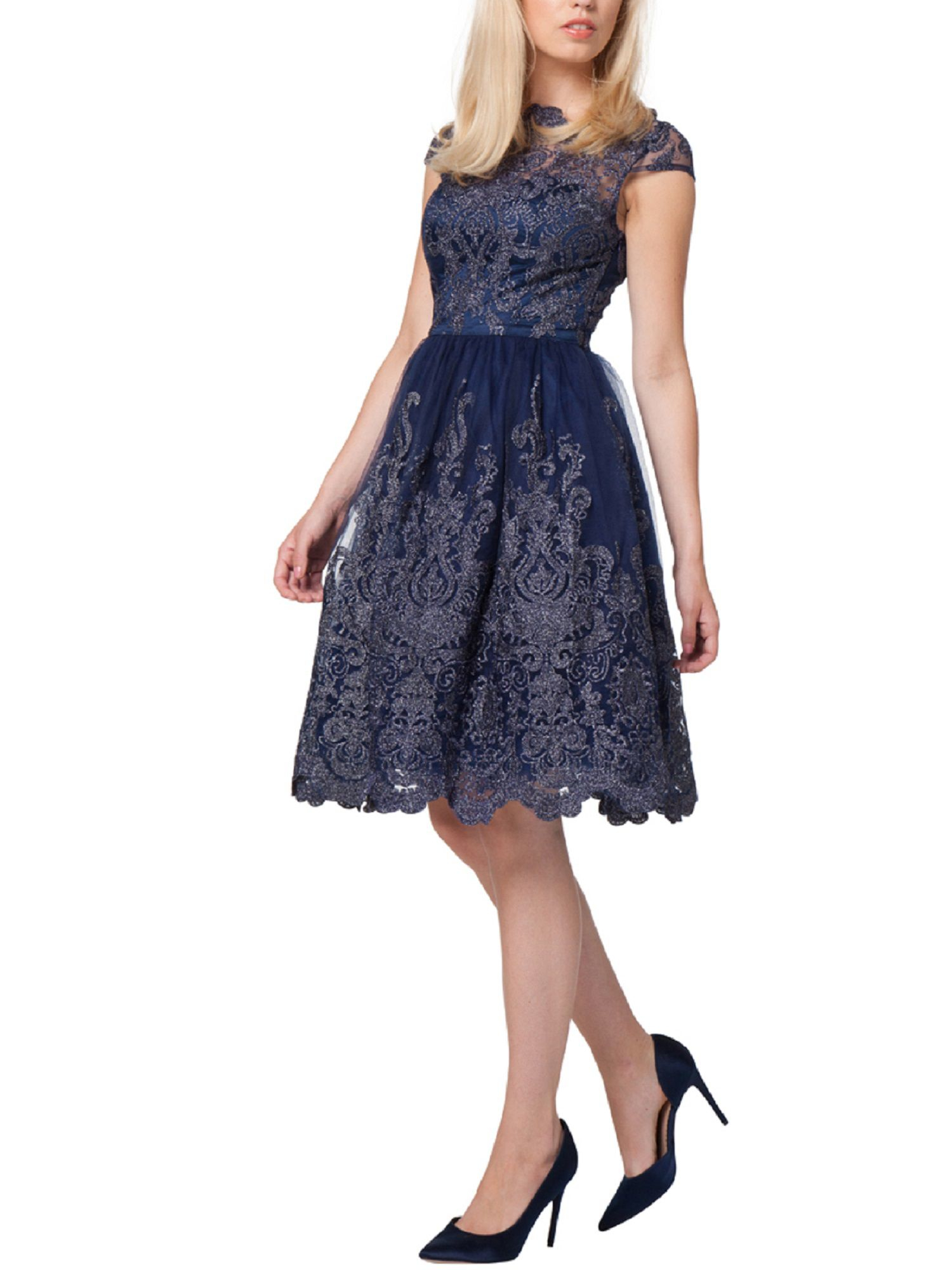 Shop by category Once you don this fit-and-flare dress from Chi Chi London, you’ll vow to wear it to every luxe event in your future, no matter what! You look positively royal in its illusion neckline, rich, teal-tinged blue hue, gold-flecked embroidery, scalloped trim, and voluminous skirt/5(86).
