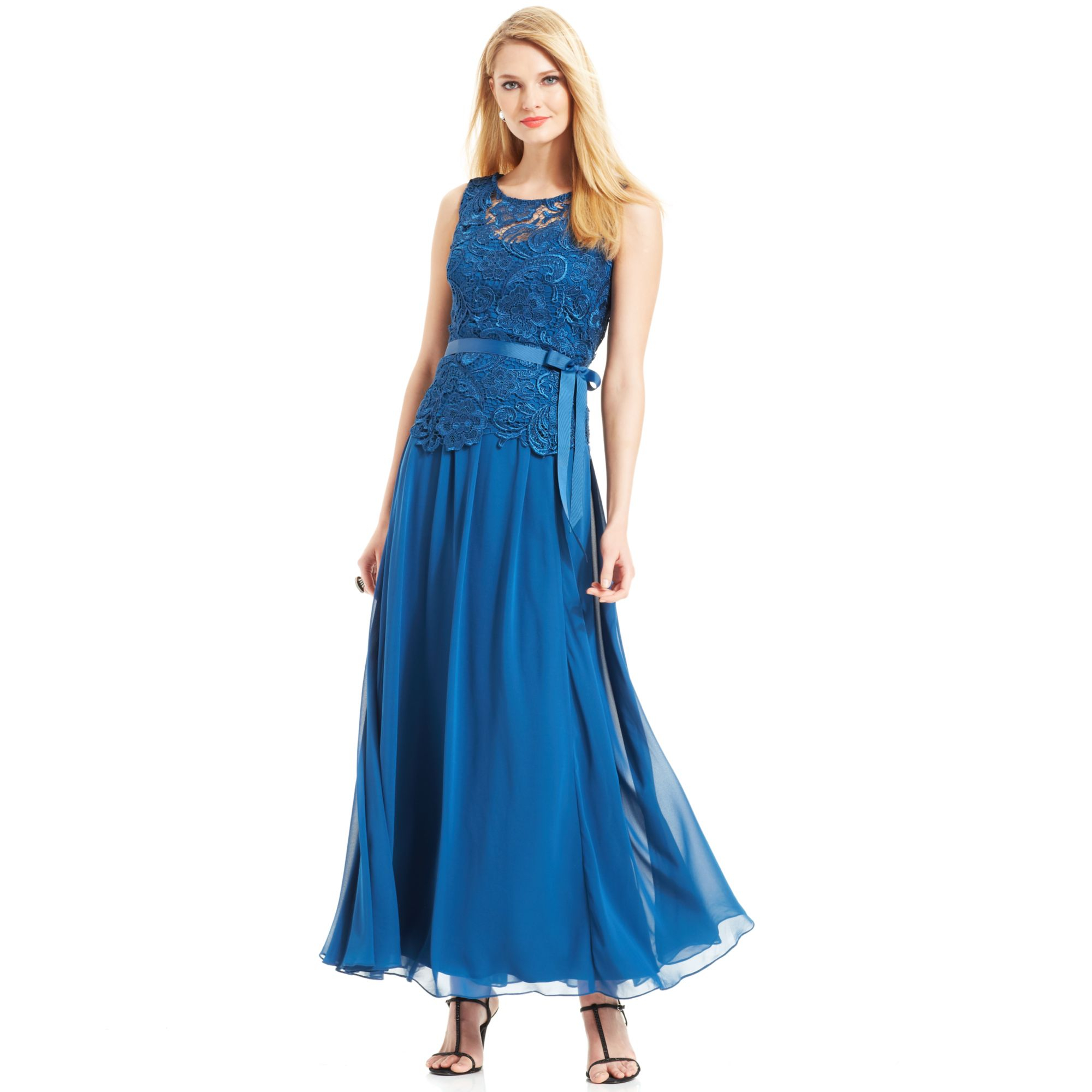Alex Evenings Sleeveless Lacebodice Belted Gown in Blue (Peacock) | Lyst