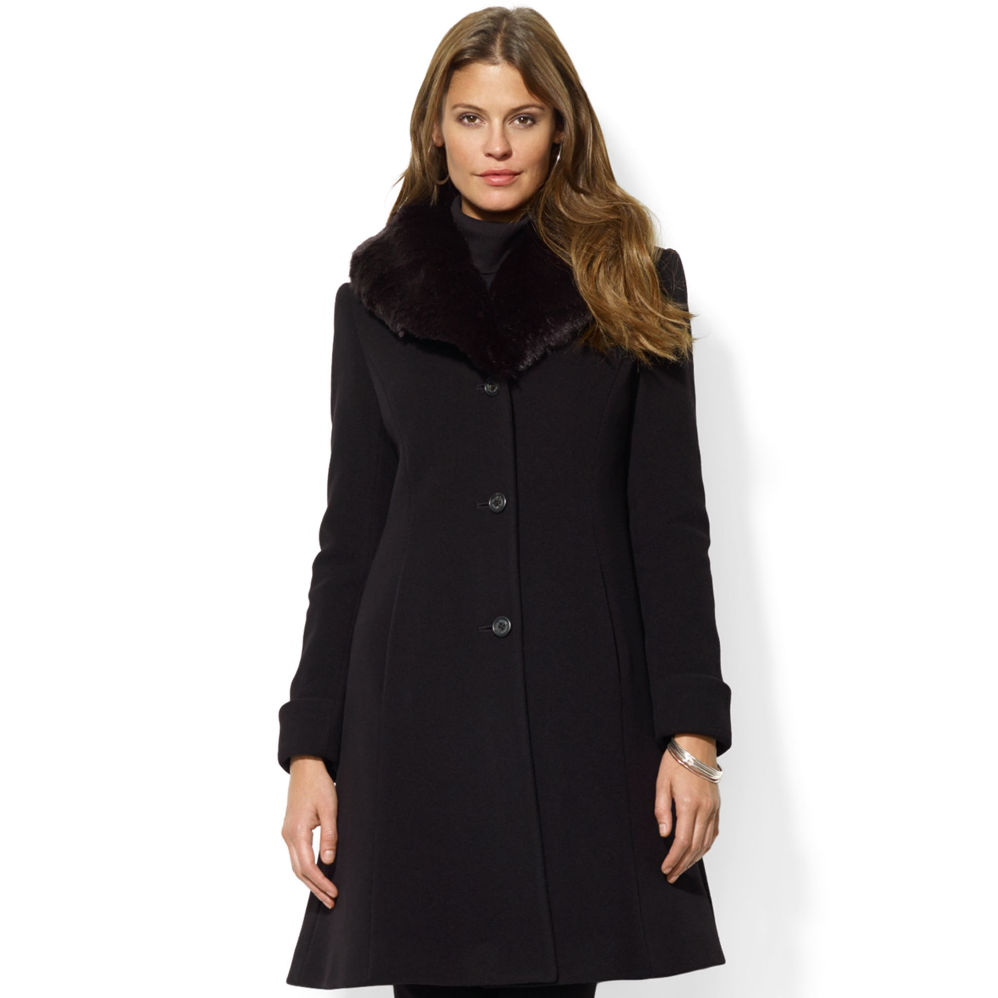 Lauren By Ralph Lauren Fauxfurcollar Woolcashmereblend Coat in Black | Lyst