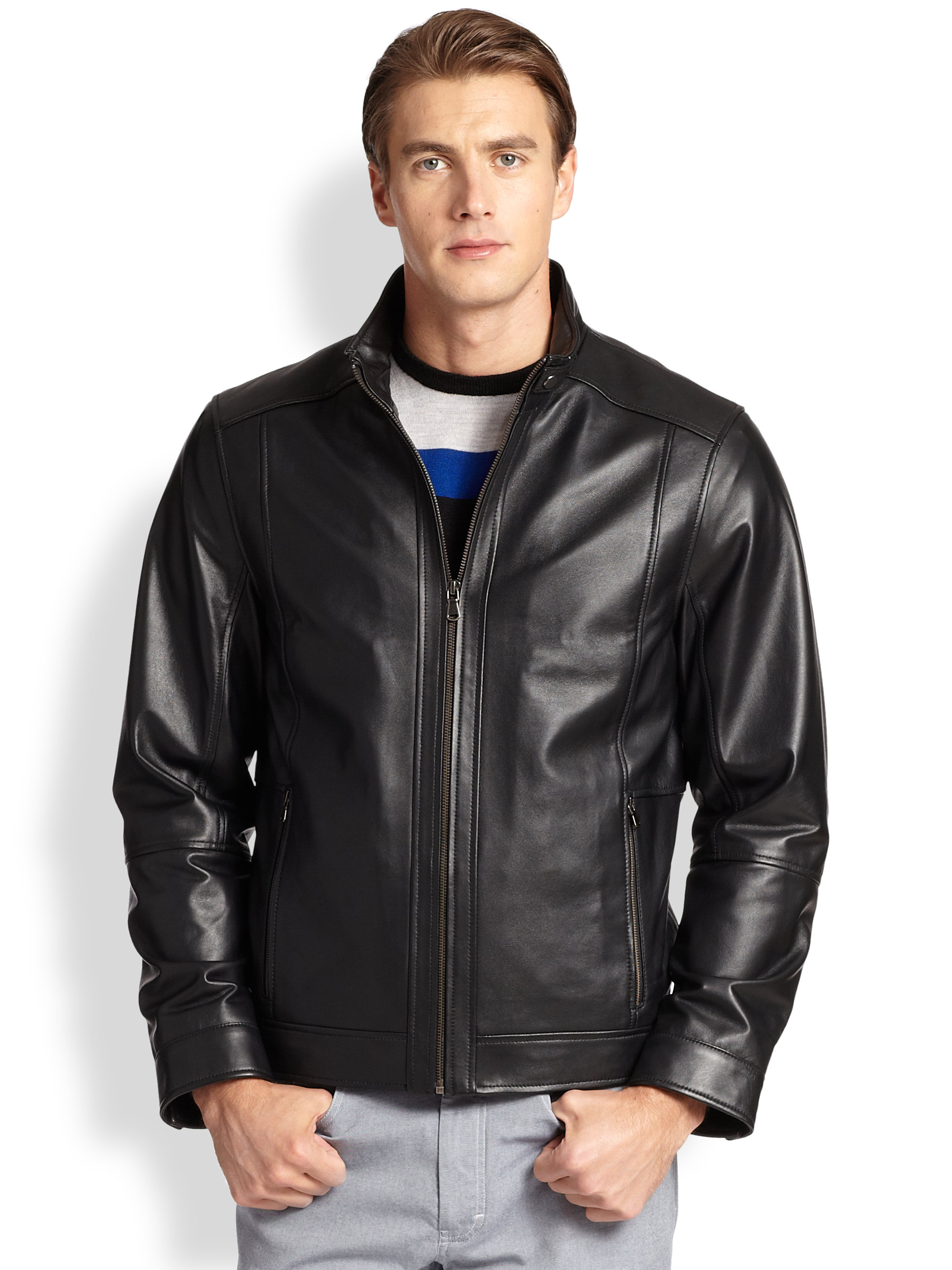 Lyst - Saks Fifth Avenue Lightweight Leather Bomber Jacket in Black for Men