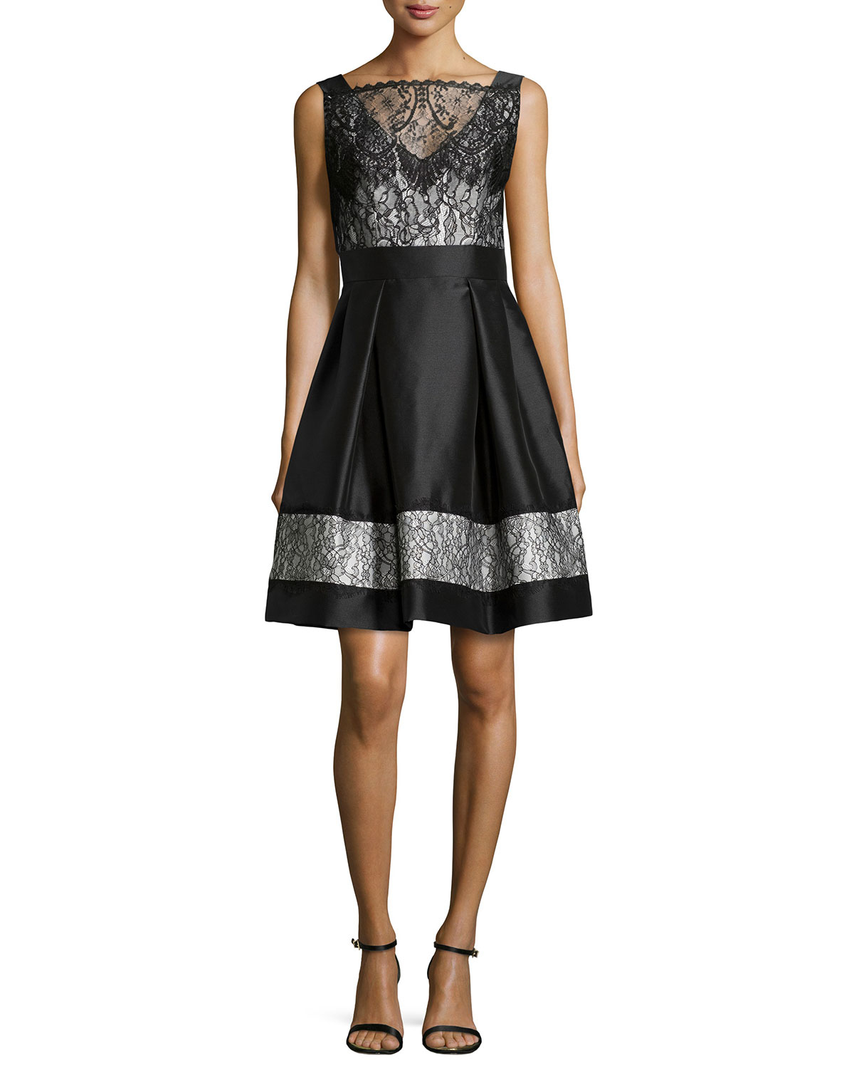 Theia Sleeveless Satin & Lace Party Dress in Black | Lyst