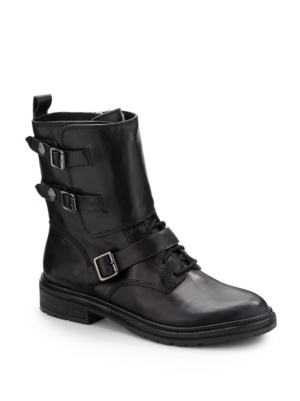 Belle By Sigerson Morrison Victoria Buckle Strap Leather Combat Boots ...