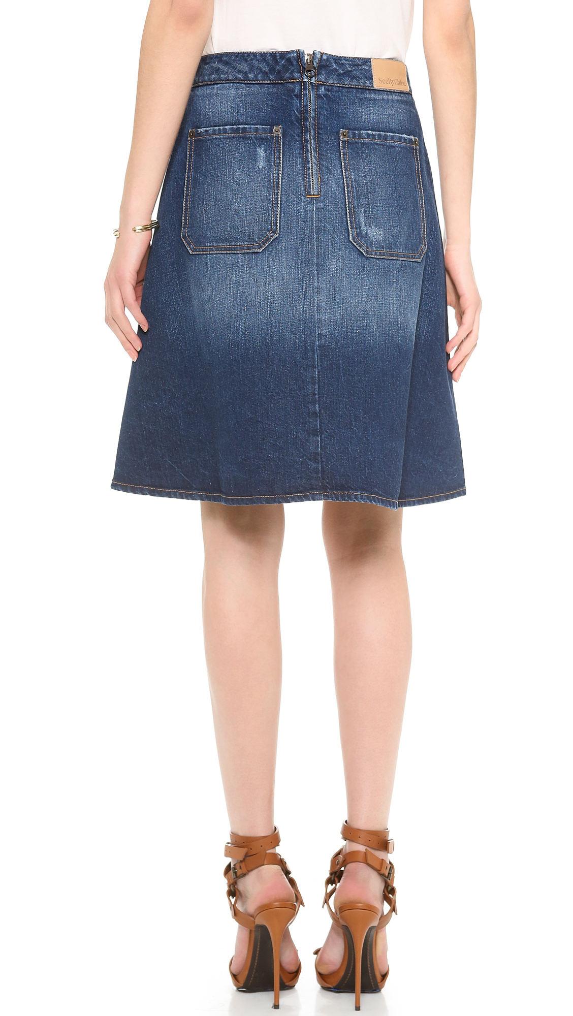 See by chloé Knee Length Denim Skirt in Blue | Lyst
