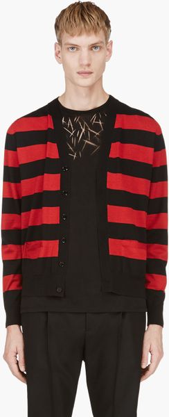Saint Laurent Red and Black Striped Y_front Cardigan in Red for Men | Lyst