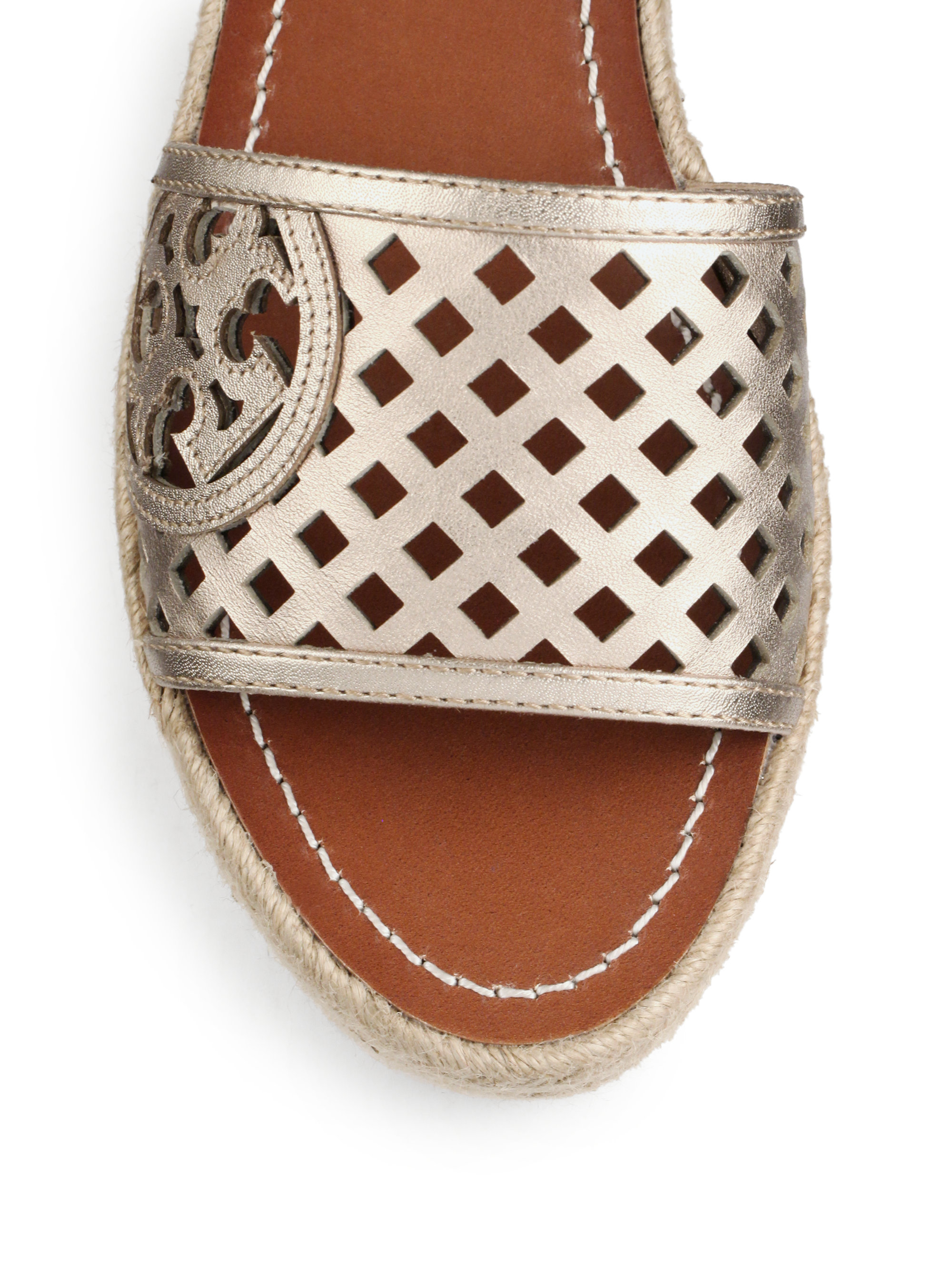 Lyst - Tory burch Perforated Metallic Leather Espadrille Wedge Slides ...