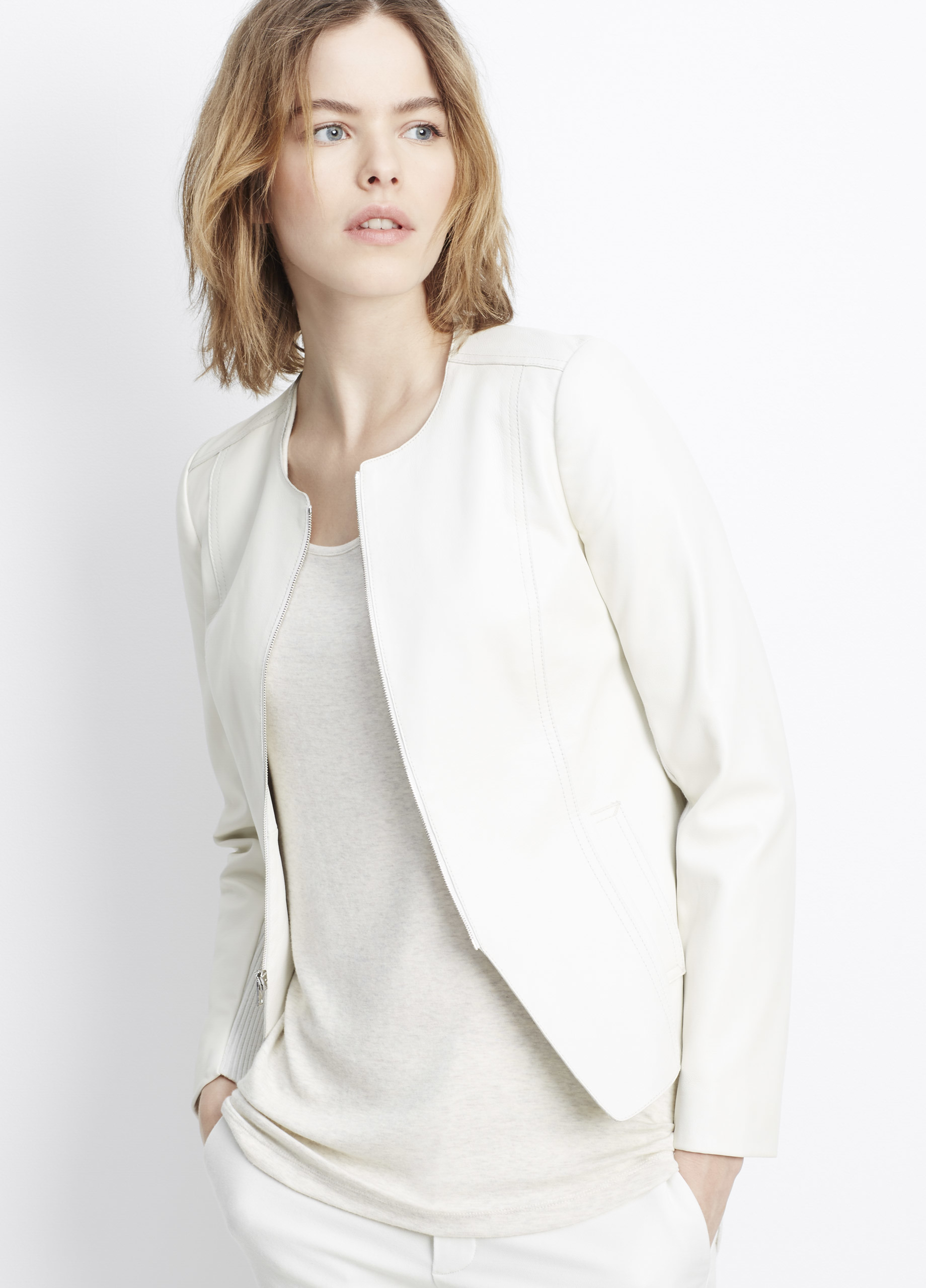 Vince Tailored Collarless Leather Jacket in White - Lyst